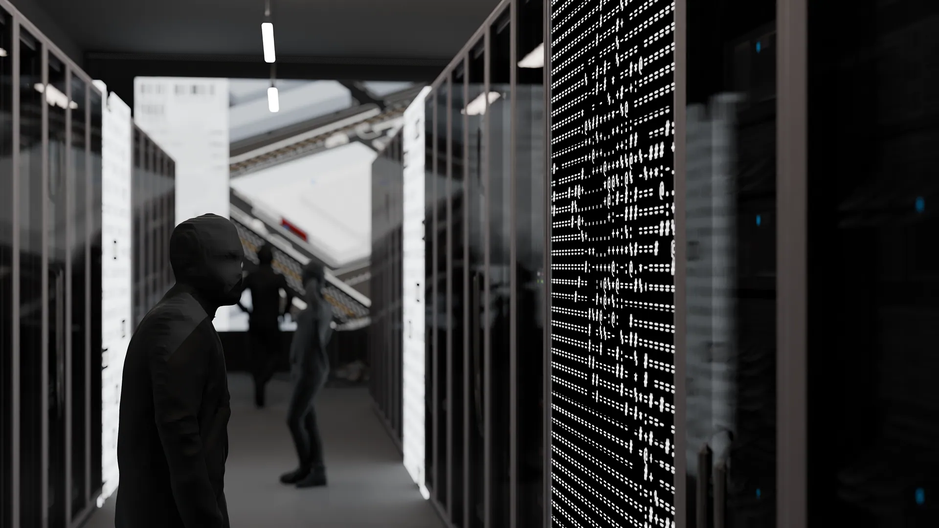 A visitor in the aisle beside a screen of scrolling dithered characters, with the main screen glowing at the far end.
