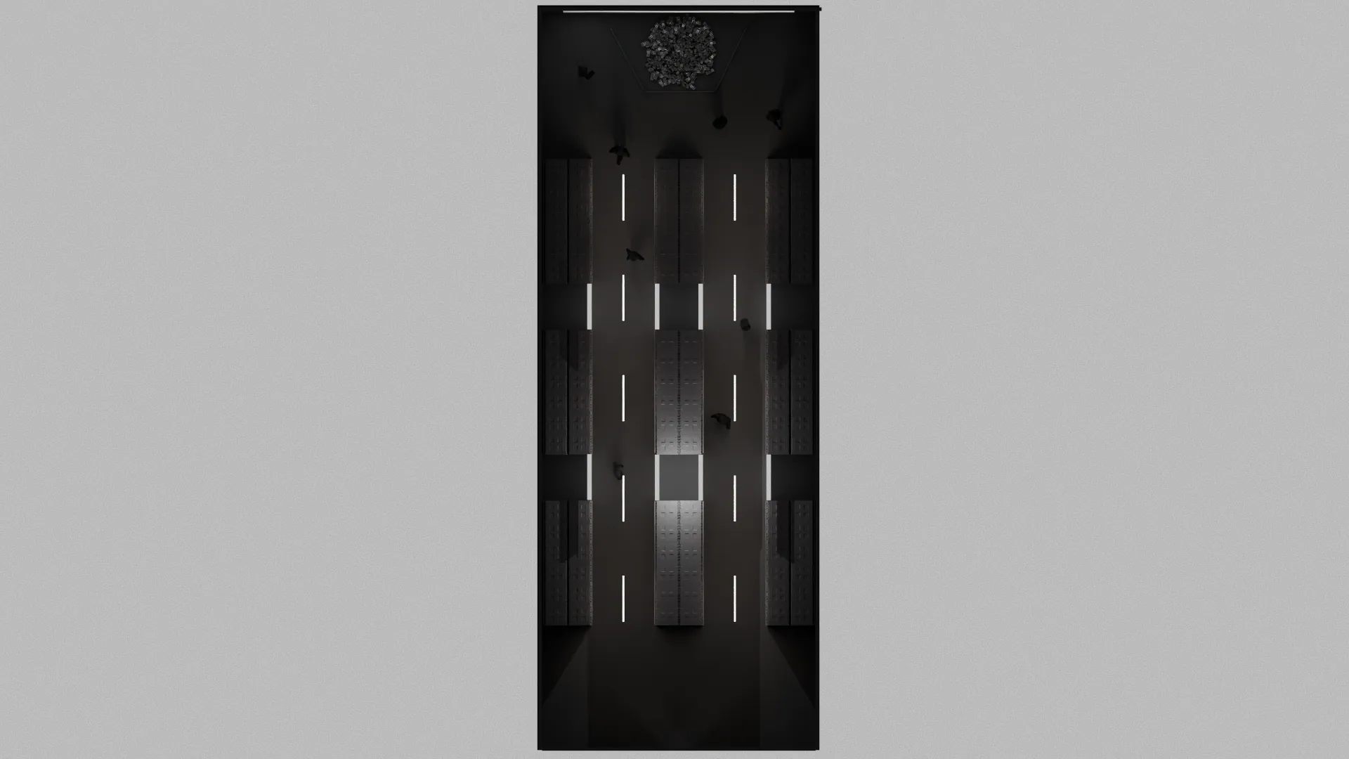 A top-down plan of the room: a long central aisle between rows of racks, ending at the main screen.