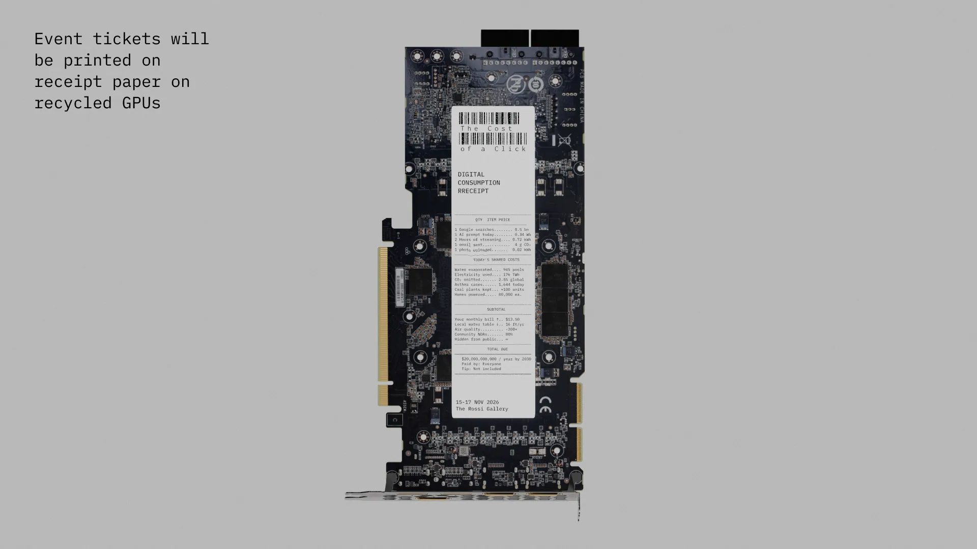 A recycled graphics card with a receipt-paper ticket attached, captioned “Event tickets will be printed on receipt paper on recycled GPUs.”