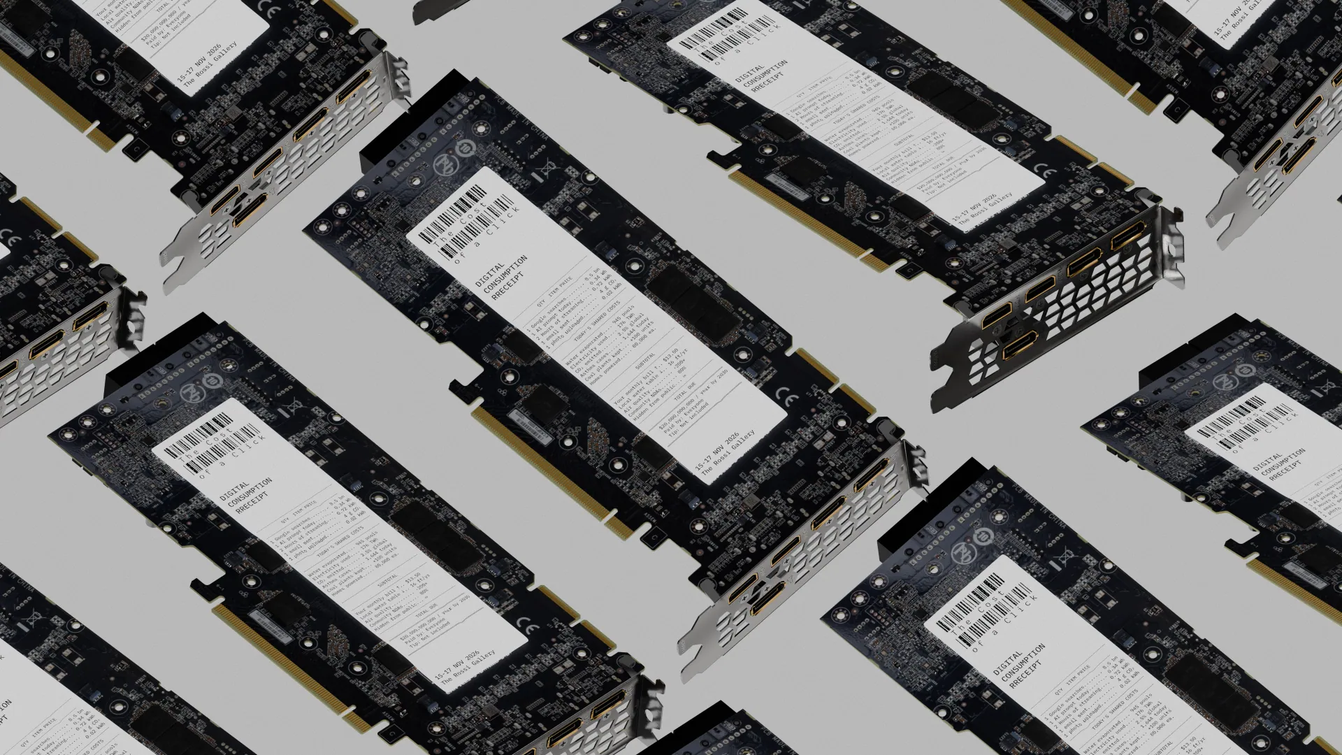 Rows of graphics-card tickets laid out on a diagonal.