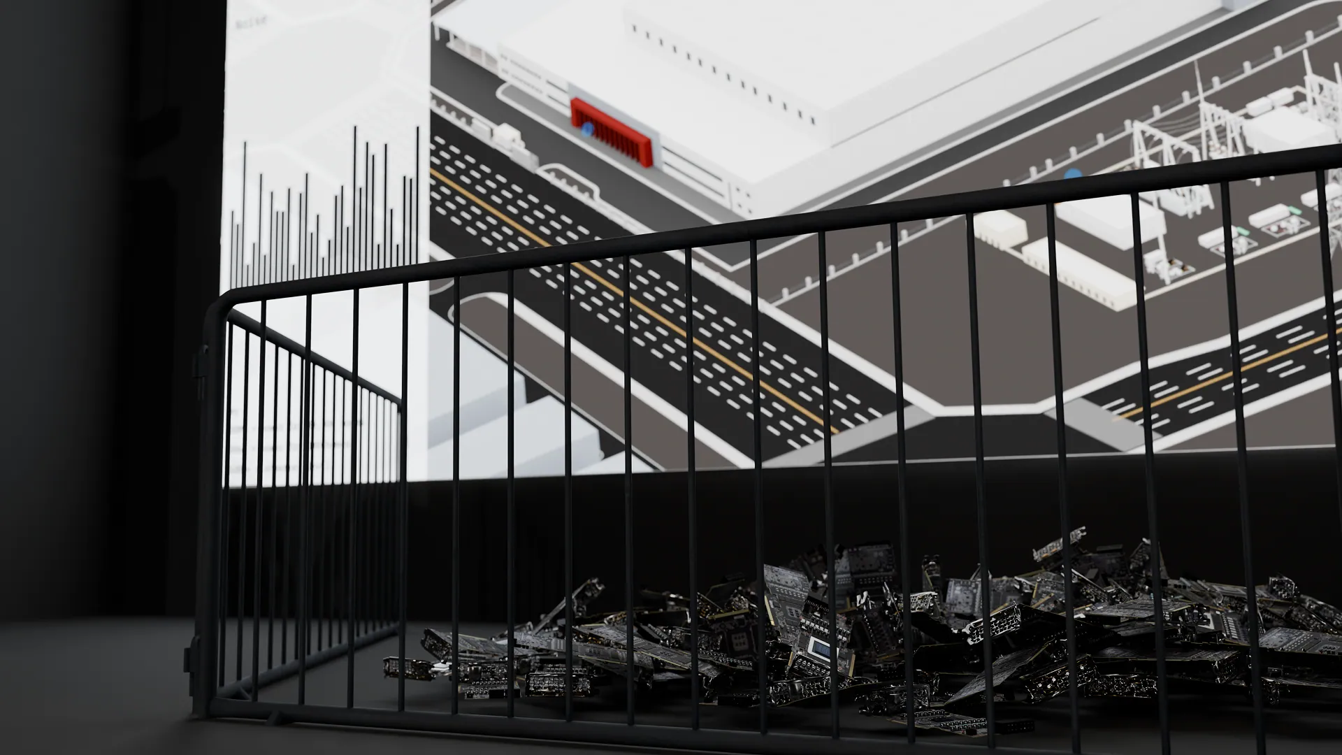 A heap of discarded graphics cards behind a railing beneath the main screen.