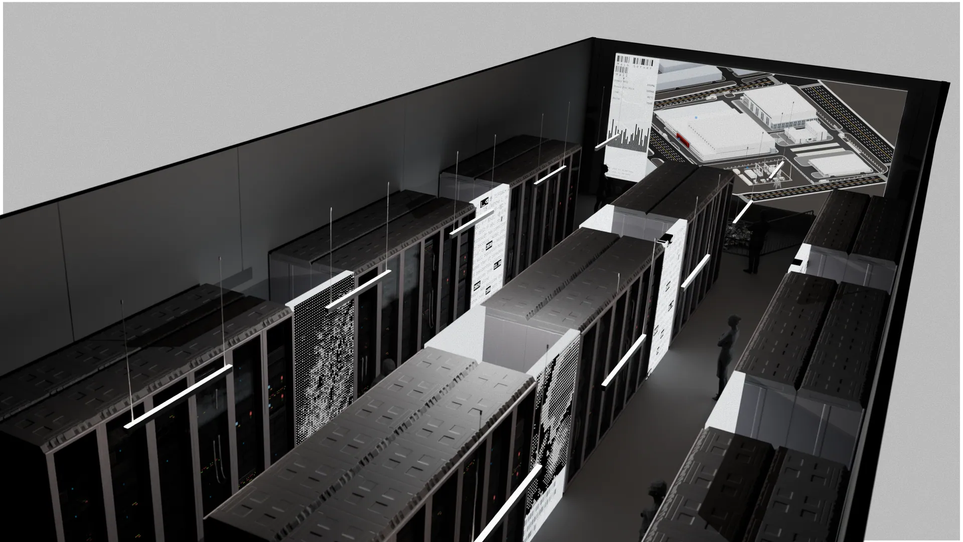 A cutaway view of the whole room: rows of server racks with inset screens leading to the main screen.