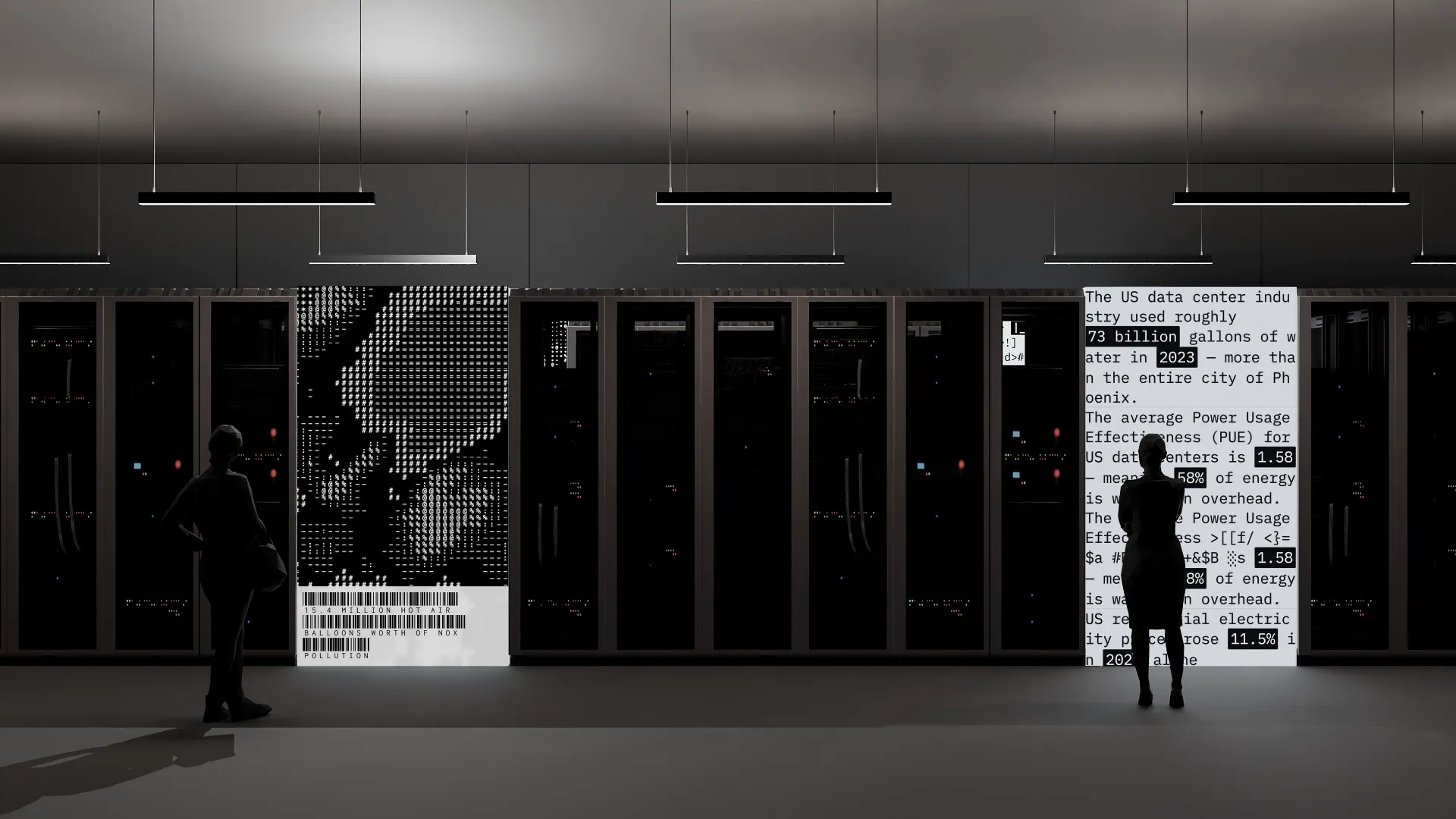 Visitors facing screens set among the server racks: a dithered image of billowing smoke, and a column of water-use statistics.