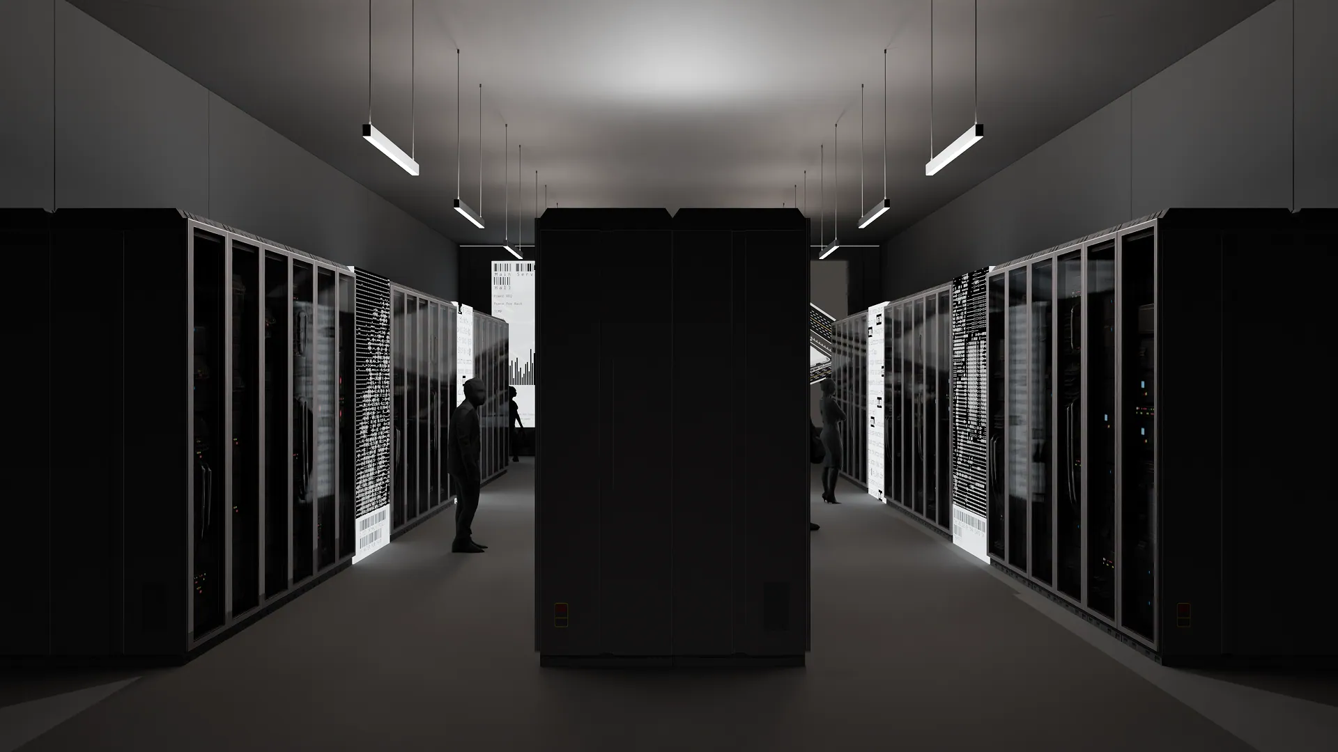 A dim aisle between server racks, with lit panels set into the racks and visitors walking through.