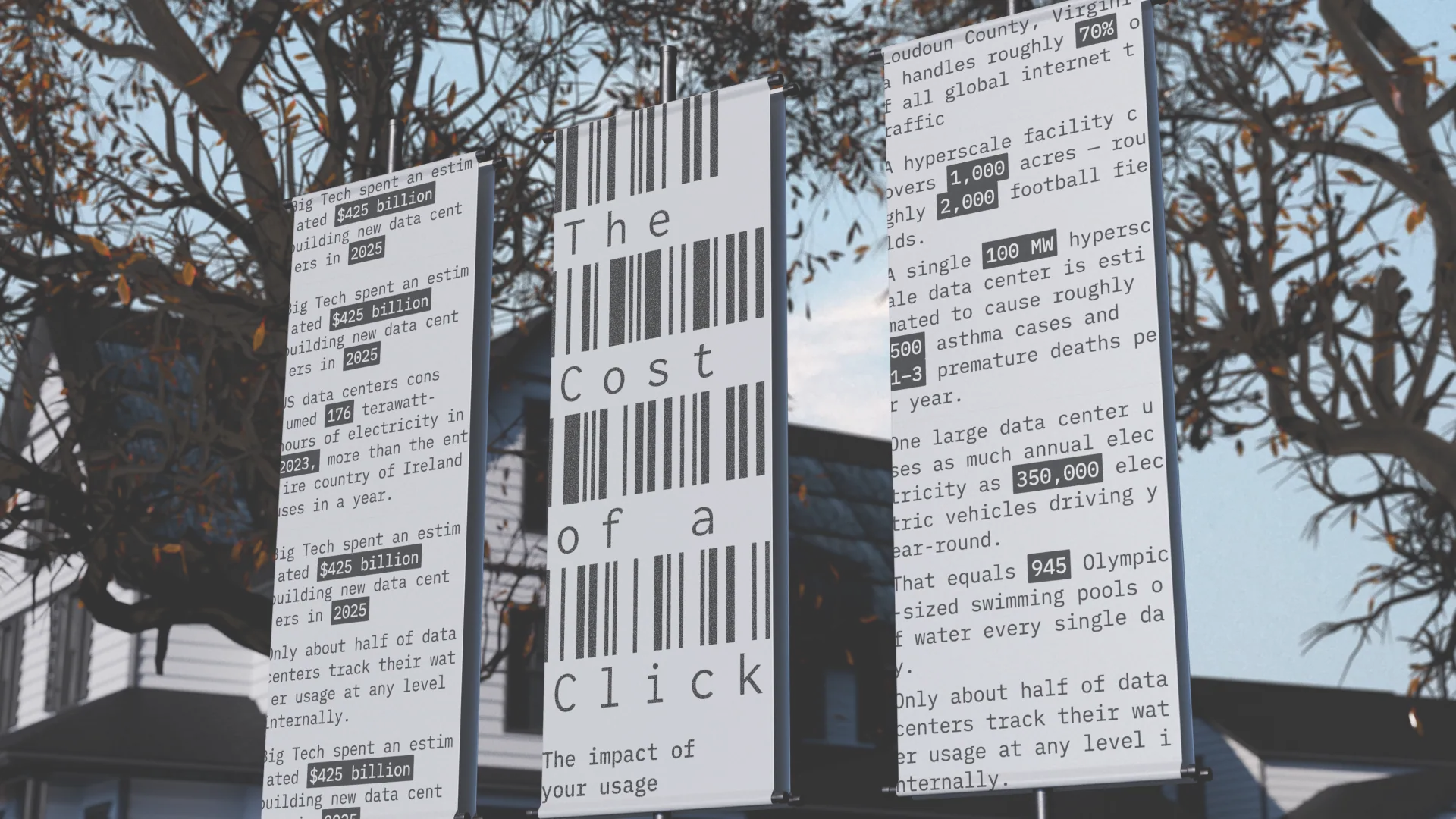Street banners hanging among autumn trees, printed with the barcode title and data center statistics.