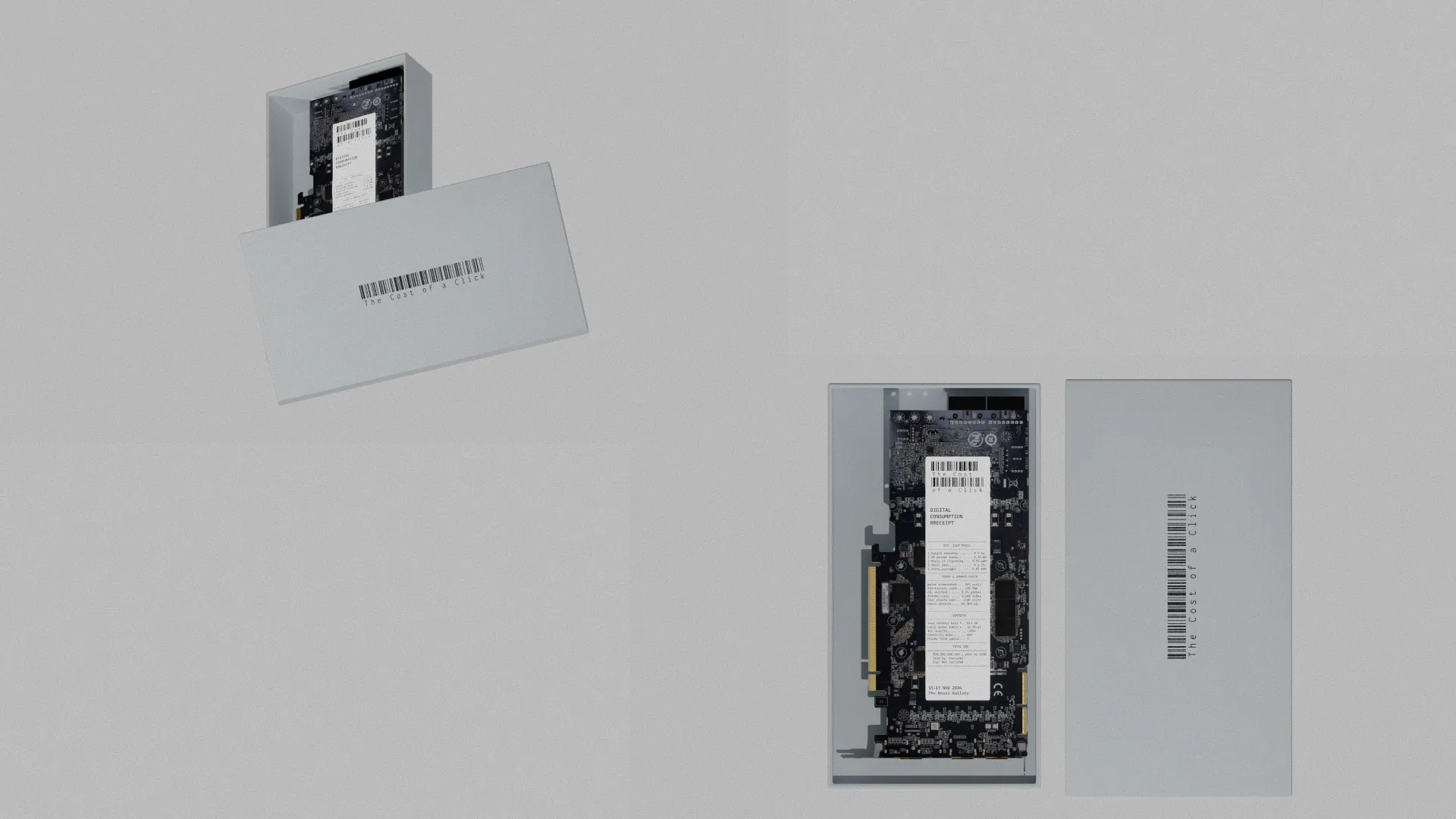 A graphics-card ticket sliding out of its envelope, and the card and envelope laid flat beside it.