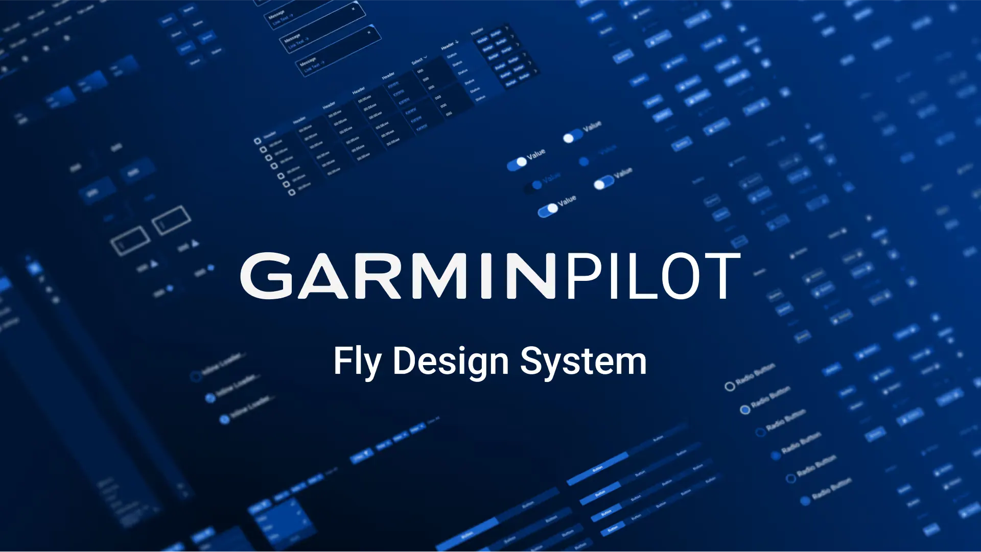The Garmin Pilot wordmark and “Fly Design System” over a blurred blue field of interface components.