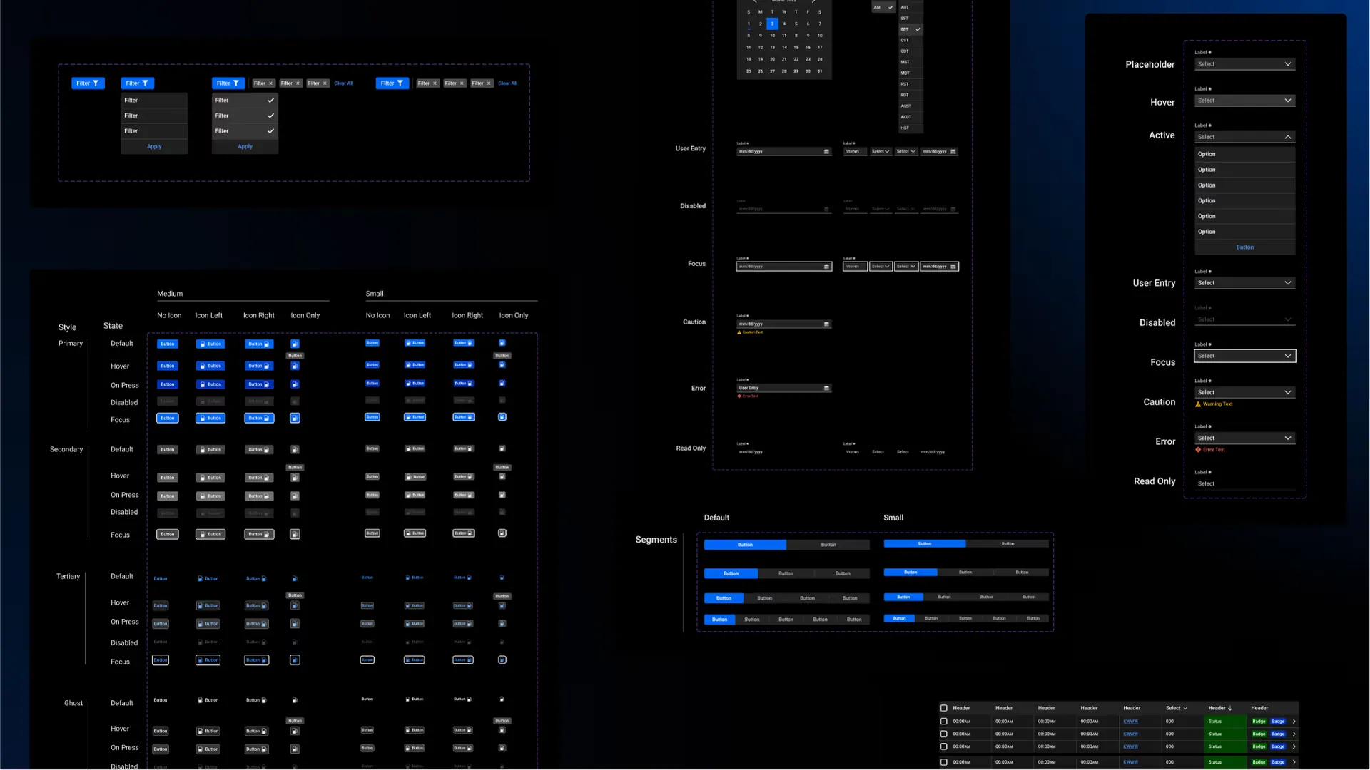 Component sheets on a dark canvas: filter menus, date pickers, primary, secondary, tertiary and ghost button states, segmented controls and select states.