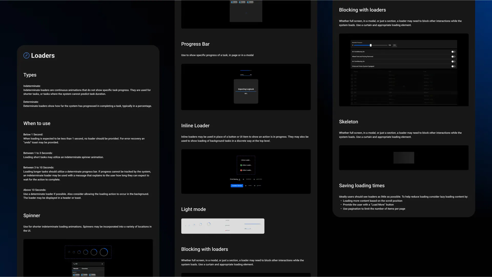 Documentation for loaders: types, when to use each, spinners, progress bars, inline and blocking loaders, and skeletons.