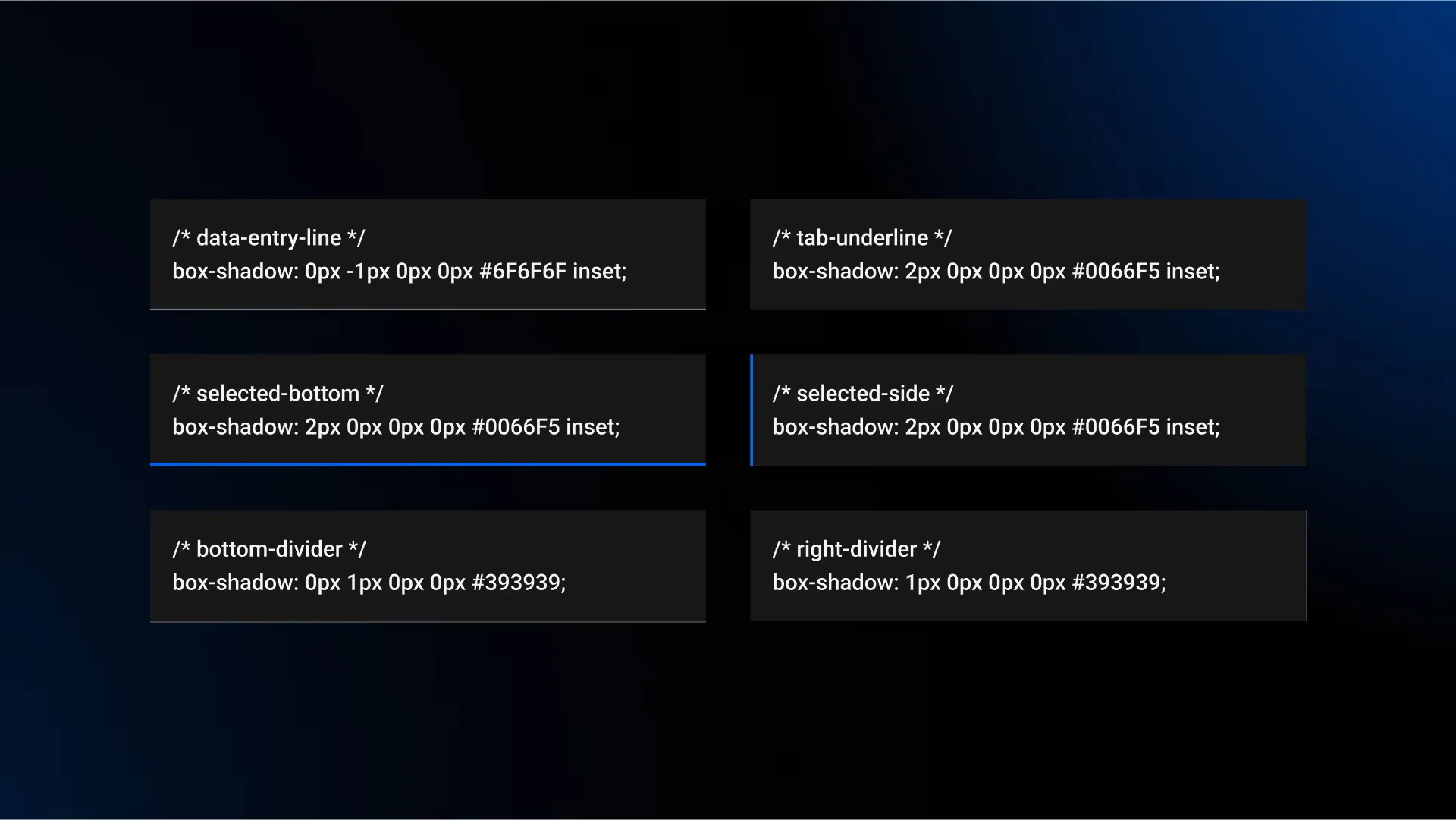 Six effect styles, each a blurless inset or drop shadow with its CSS: data-entry-line, tab-underline, selected-bottom, selected-side, bottom-divider and right-divider.