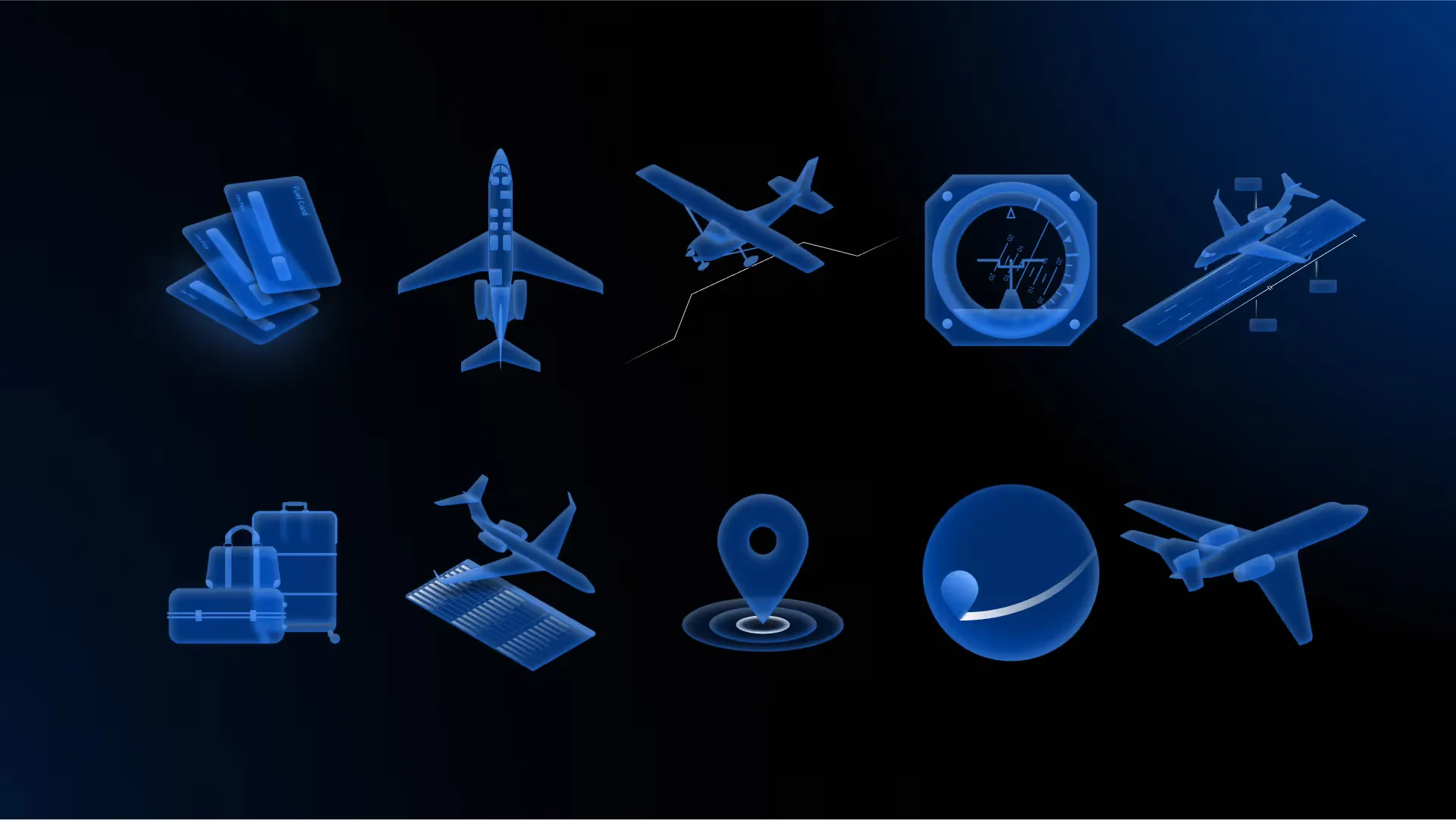 Ten glowing blue illustrations: credit cards, a business jet, a single-engine plane, an attitude indicator, an aircraft on a runway, luggage, a jet over a runway, a map pin, a globe and a jet in flight.