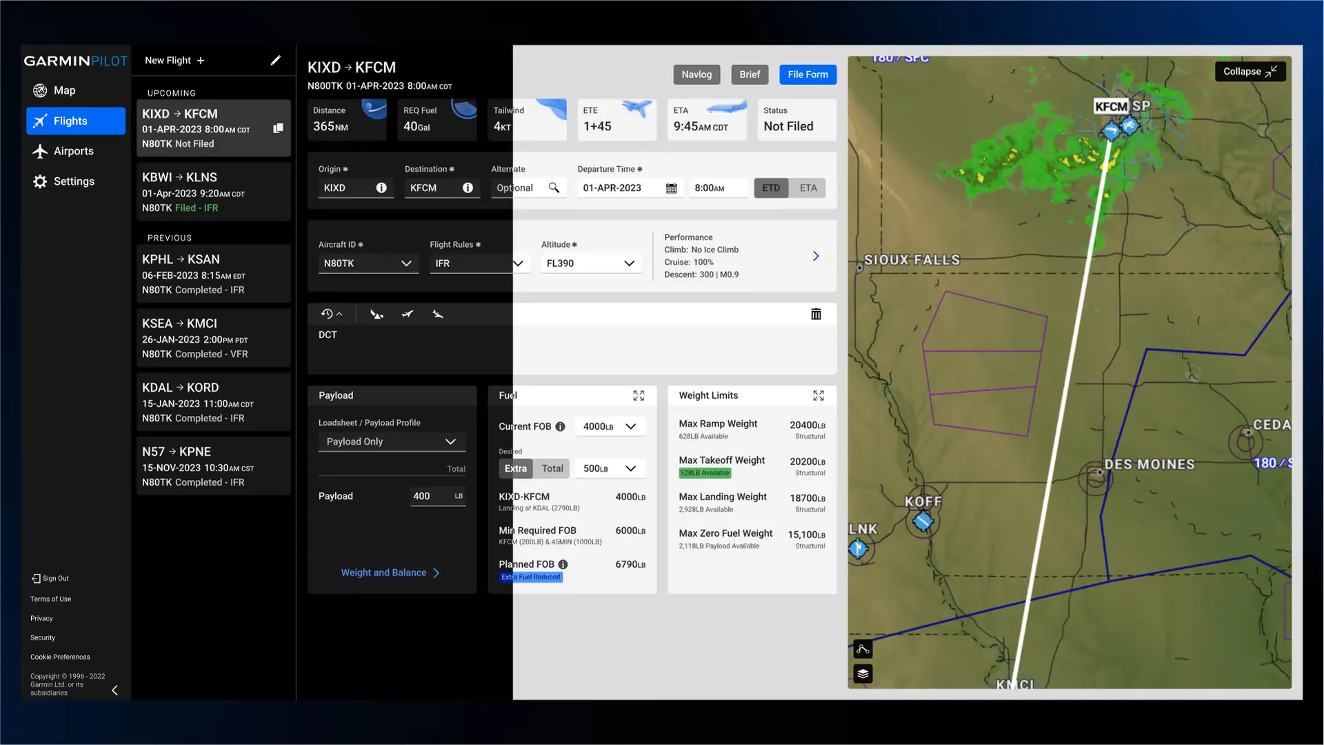 The Garmin Pilot flight planning page shown half in dark mode and half in light mode, with the same blue in both.