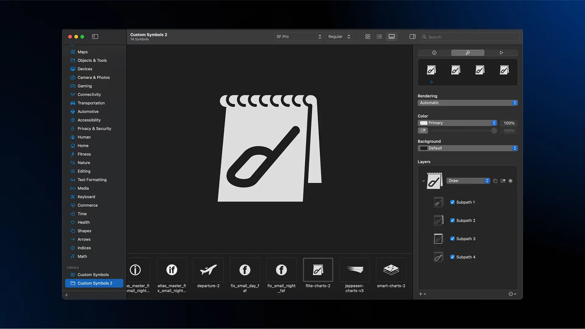 Apple’s SF Symbols app open on a library of custom symbols, editing a charts symbol layer by layer.