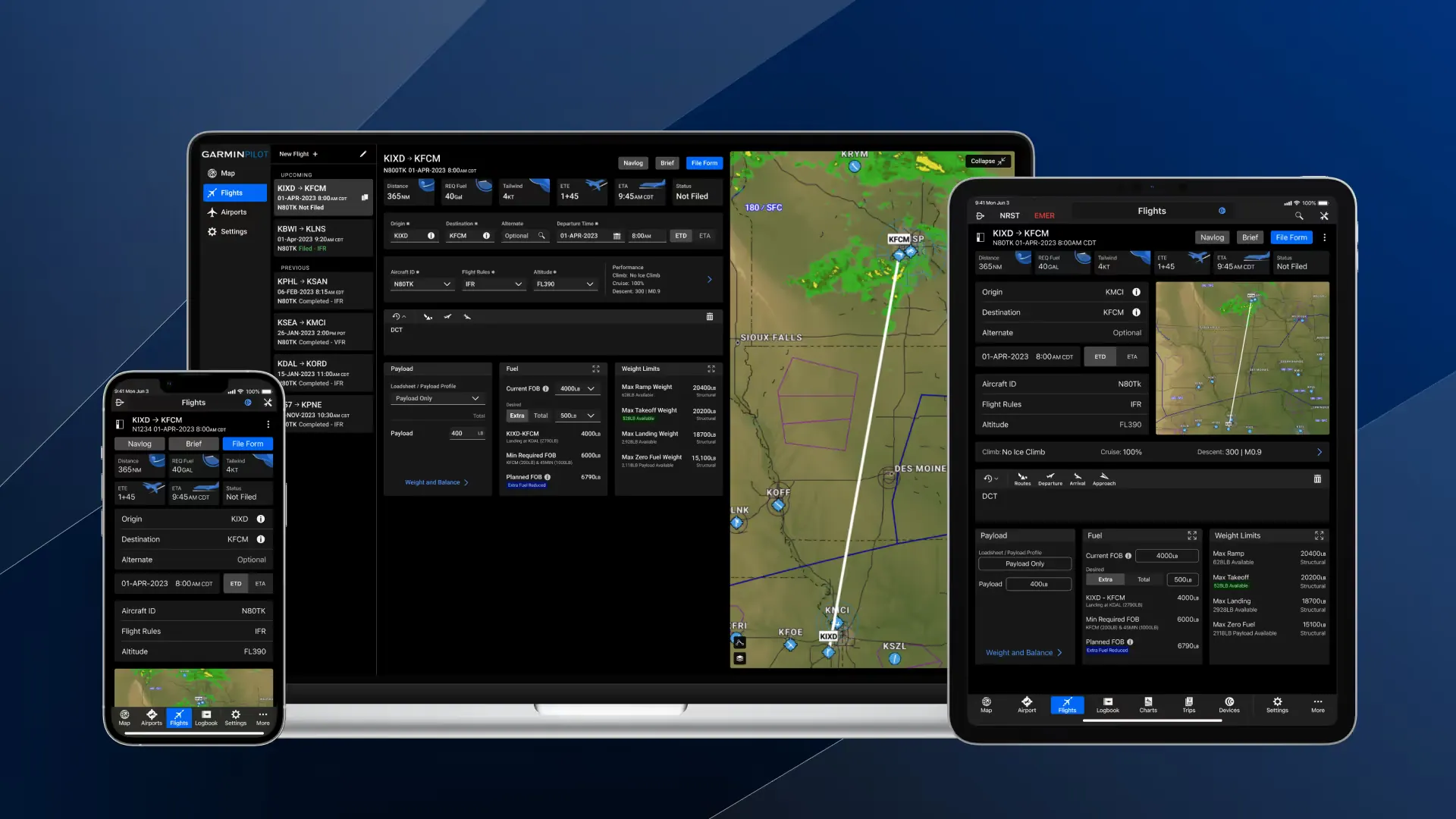 Garmin Pilot’s flights page on a laptop, a tablet and a phone, each showing a flight from KIXD to KFCM beside its route map.