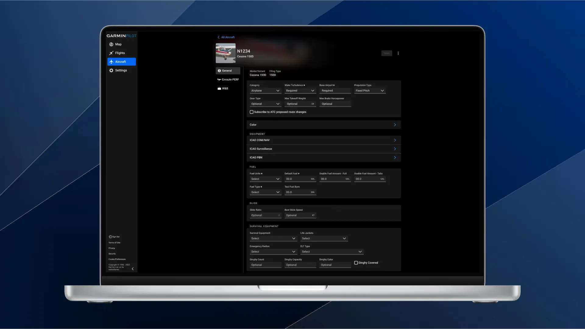 The aircraft page on a laptop: a Cessna’s details grouped into general, equipment, fuel, glide and survival equipment sections, beside a secondary navigation.