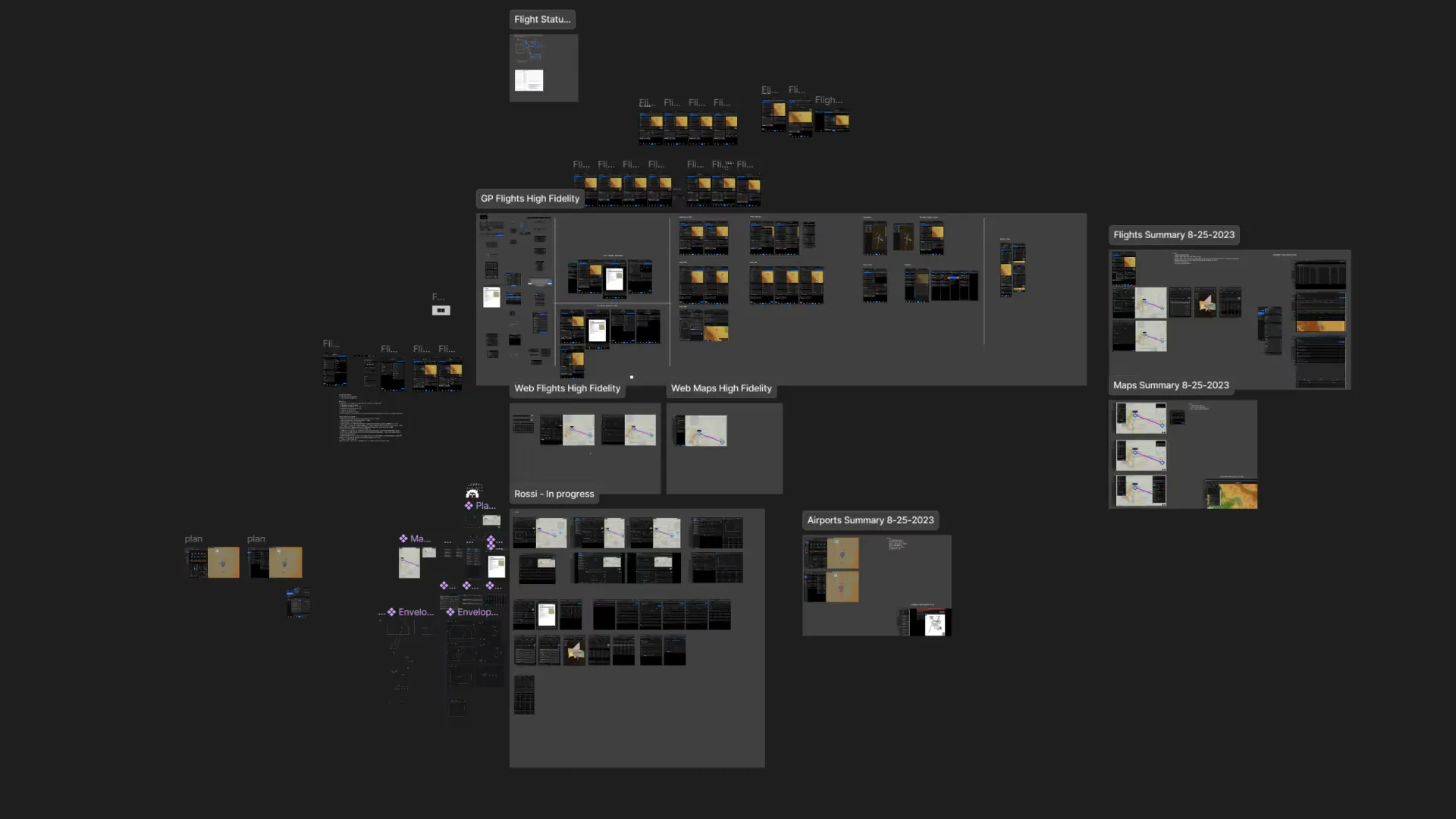 A Figma canvas of high-fidelity web and iOS screens for flights and maps, with summaries dated 25 August 2023.
