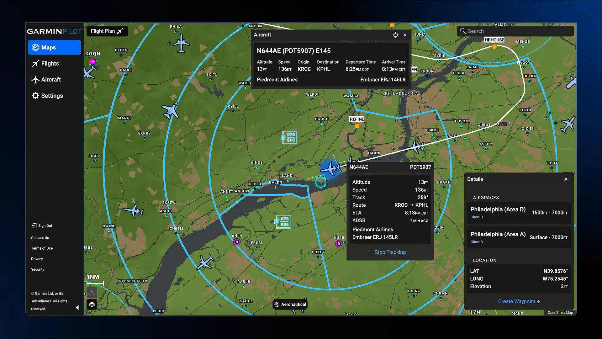 Direct selection on the map near Philadelphia: a tracked aircraft’s altitude, speed and route in one panel, and the surrounding airspace in another.