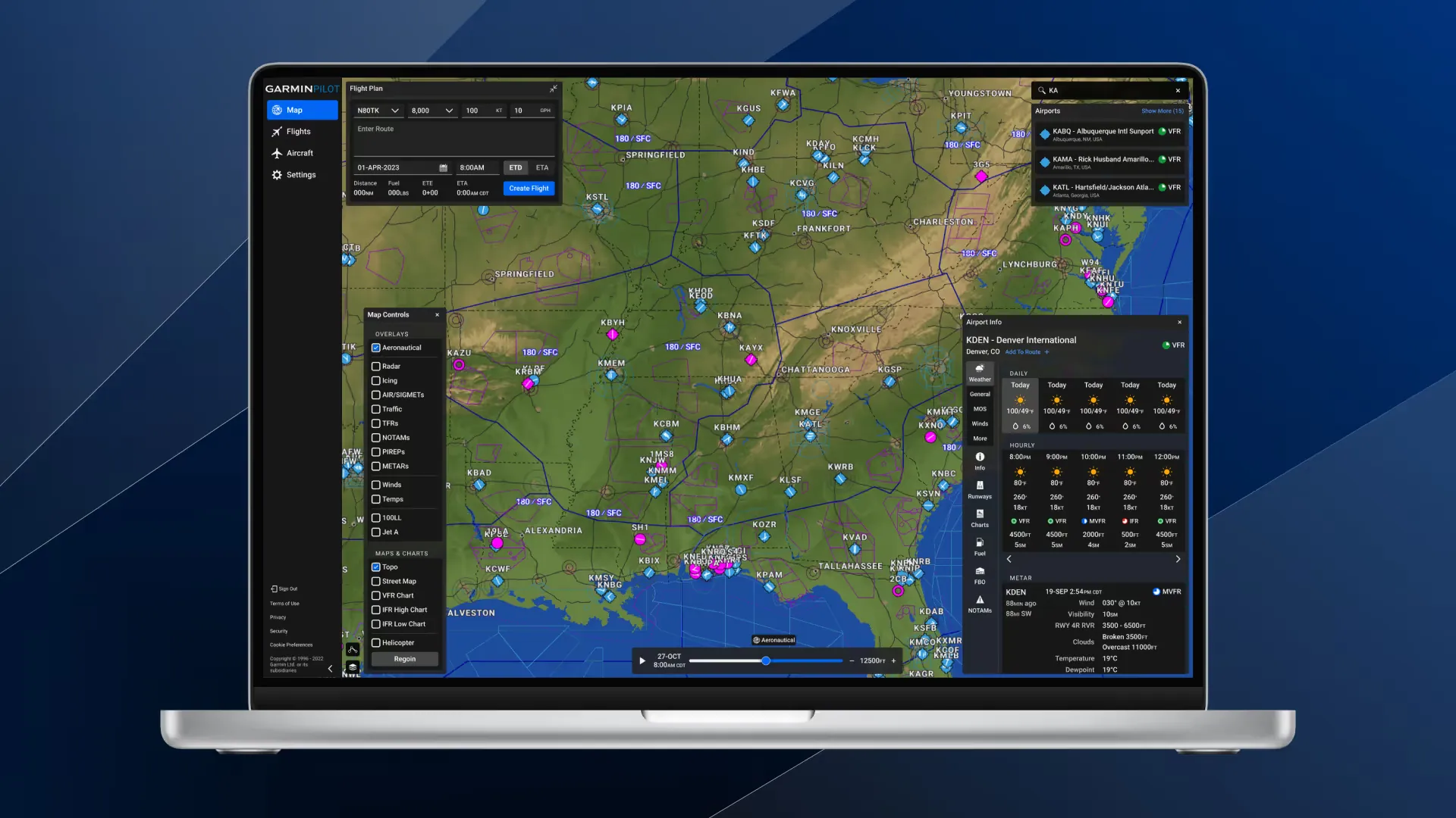The Garmin Pilot web map on a laptop, with the map controls and overlay list open and an information panel for Denver International.