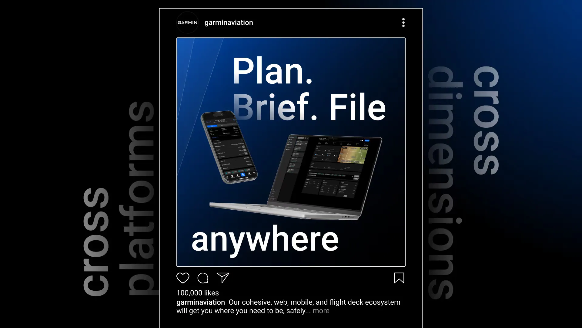 A Garmin Aviation social post reading “Plan. Brief. File anywhere,” with the app on a phone and a laptop, framed by the words “cross platforms” and “cross dimensions.”