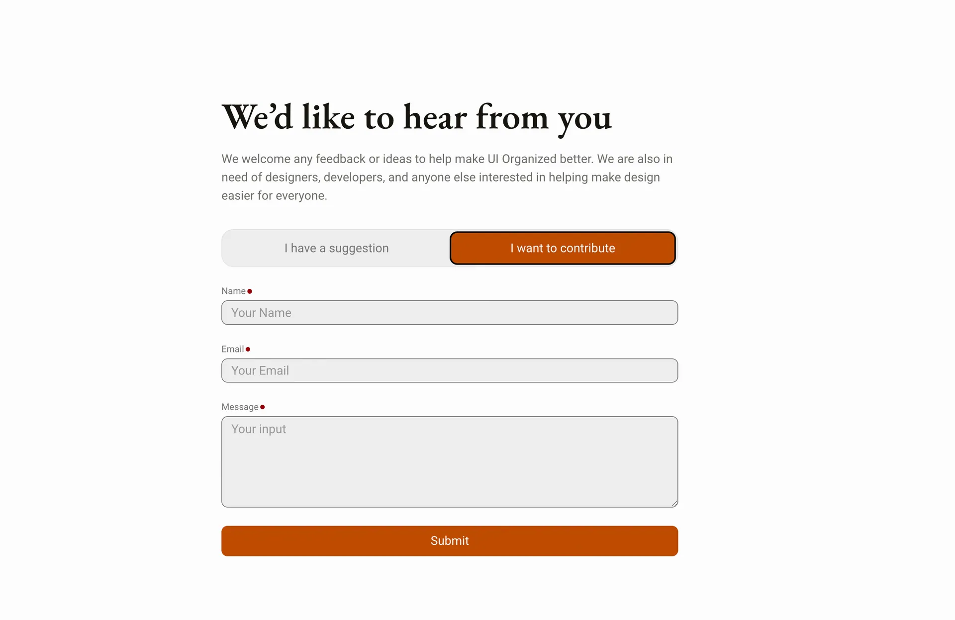 The contribute form, “We’d like to hear from you,” with a choice between “I have a suggestion” and “I want to contribute,” and fields for name, email and message.